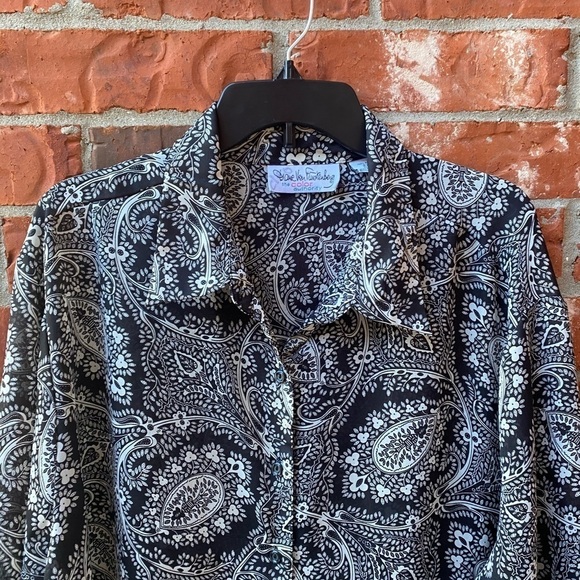 Diane Von Furstenberg Vintage Womens 2X 3X Black Sheer Floral Button Down Blouse - Picture 2 of 8